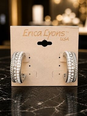 Erica Lyons Silver Pearl & Rhinestone Triple-Row Hoop Earrings
